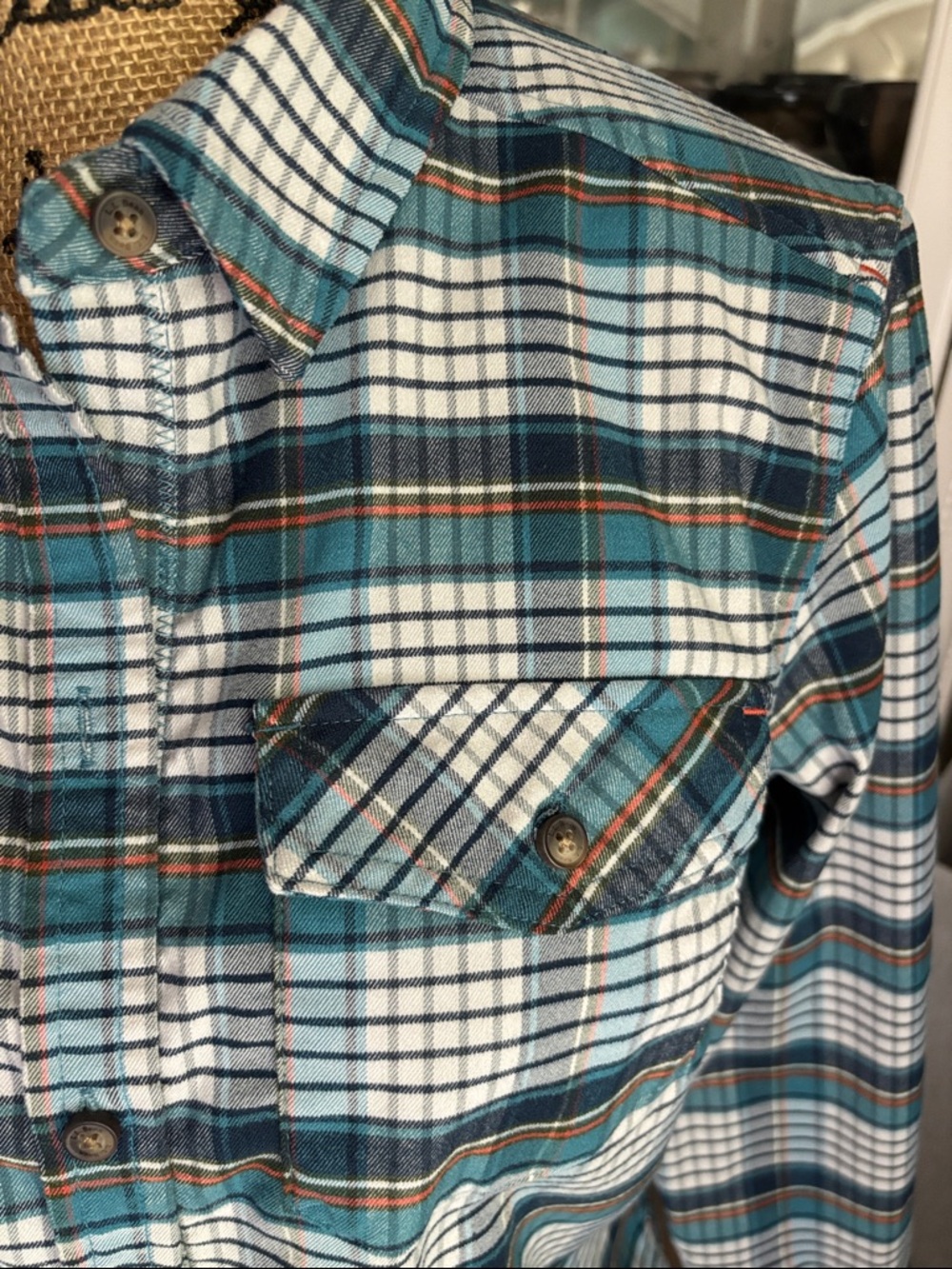 L.L. Bean Teal, White & Blue Plaid Flannel Button-Down Shirt - Picture 2 of 6